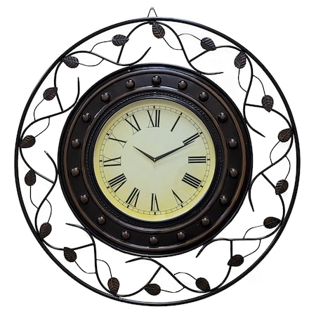 Quickway Imports Vintage Roman Numerical Wall Clock with Black Metal Leaf Design Frame, for Dining, Living Room QI004254